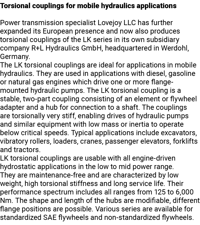 Torsional couplings for mobile hydraulics applications Power transmission specialist Lovejoy LLC has further expanded   